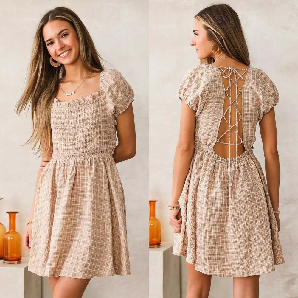 Mable Womens Plaid Back Lace Up Dress Size Medium Brown Puff Sleeve Smocked‎